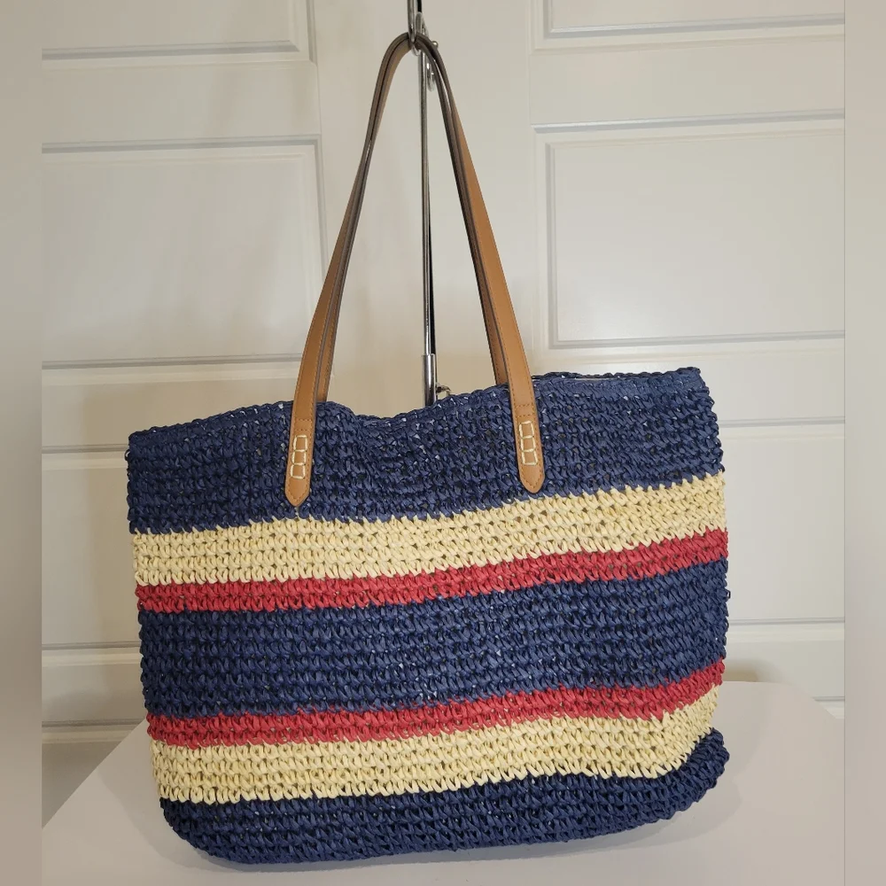 I.N.C. LARGE STRAW STRIPE TOTE/BEACH BAG NWT 20